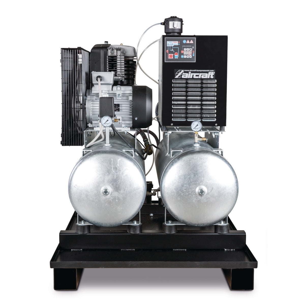 Stationär kolvkompressor med 2x 100 liters tryckluftstankar, kylmedelsorkare, finfilter, ångfälla och konditionerare AIRPROFI DUO 853 / 2x100 / 10KK
