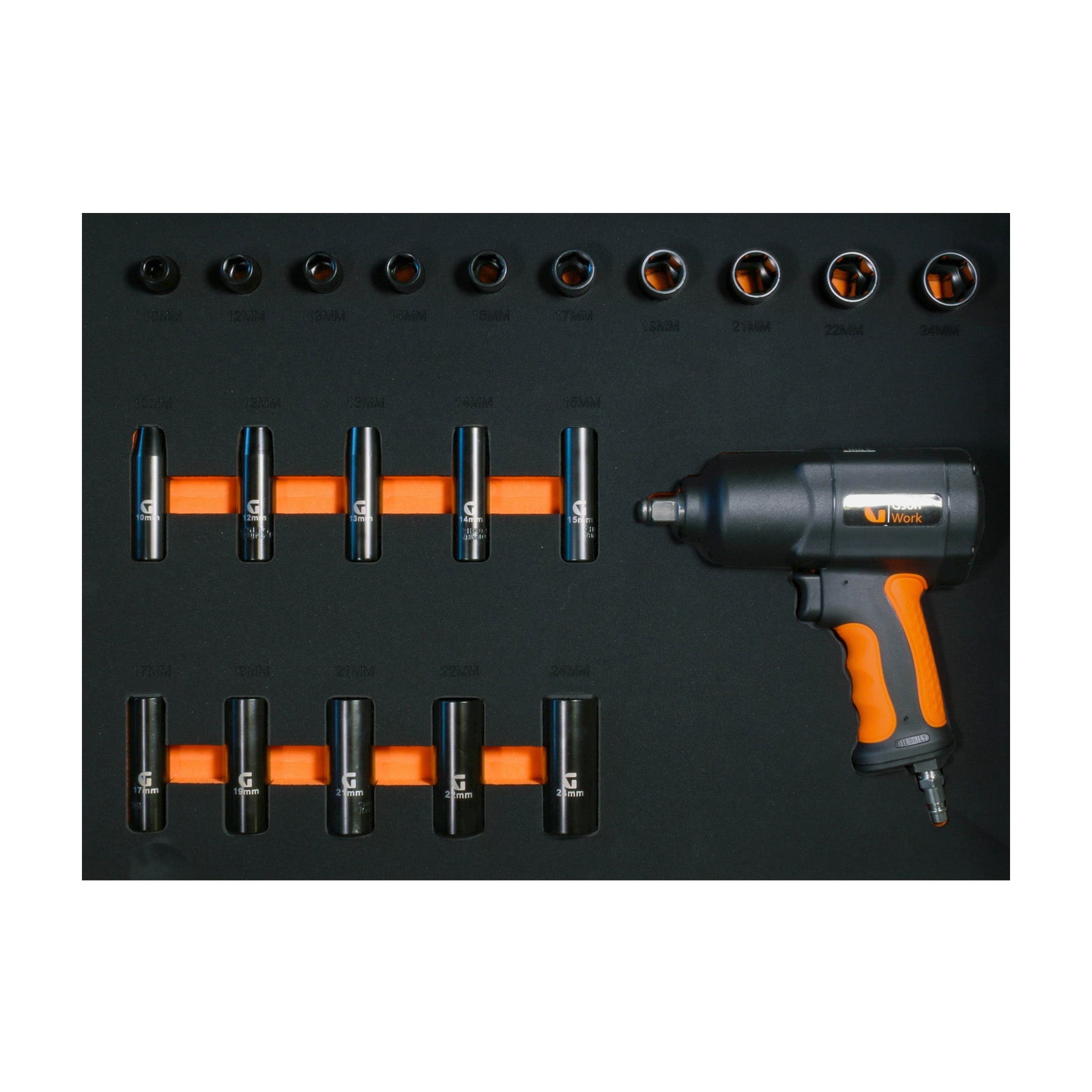 Verktygsinsats för vagn – Slaghylsnyckelsats 10–24 mm, 20 delar + Komposit Luftdriven Slagnyckel 1/2″ 1600 Nm | GSON