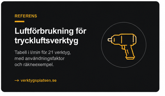 Luftförbrukning för tryckluftsverktyg — komplett tabell (l/min)