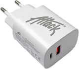 Attack USB-A och USB-C laddare 230 V, USB-C 20 W USB-A 18 W max 3 A